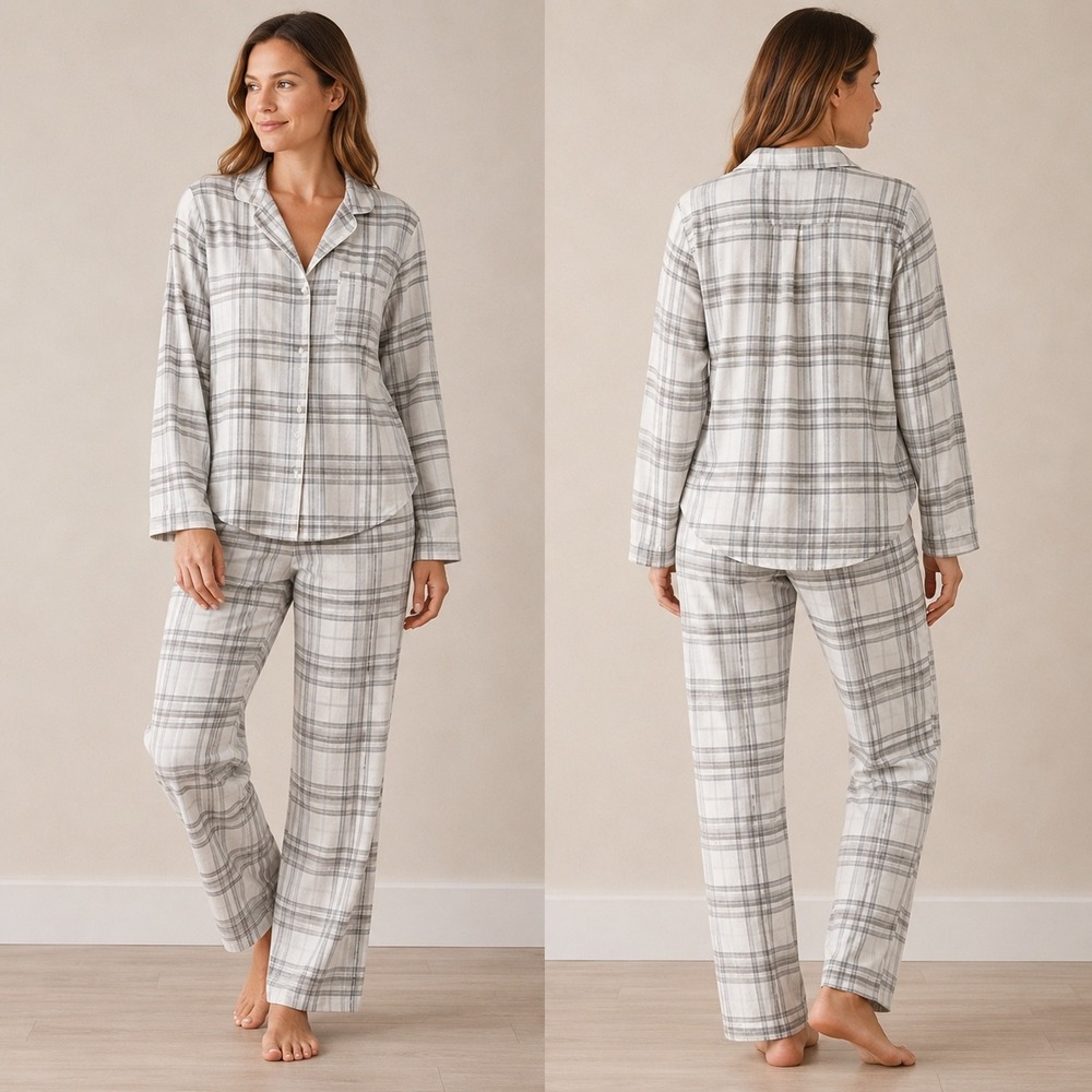 Jaclyn New York Pajama Set L Rayon Cotton Plaid Sleepwear Cozy Loungewear Grey - Picture 11 of 13